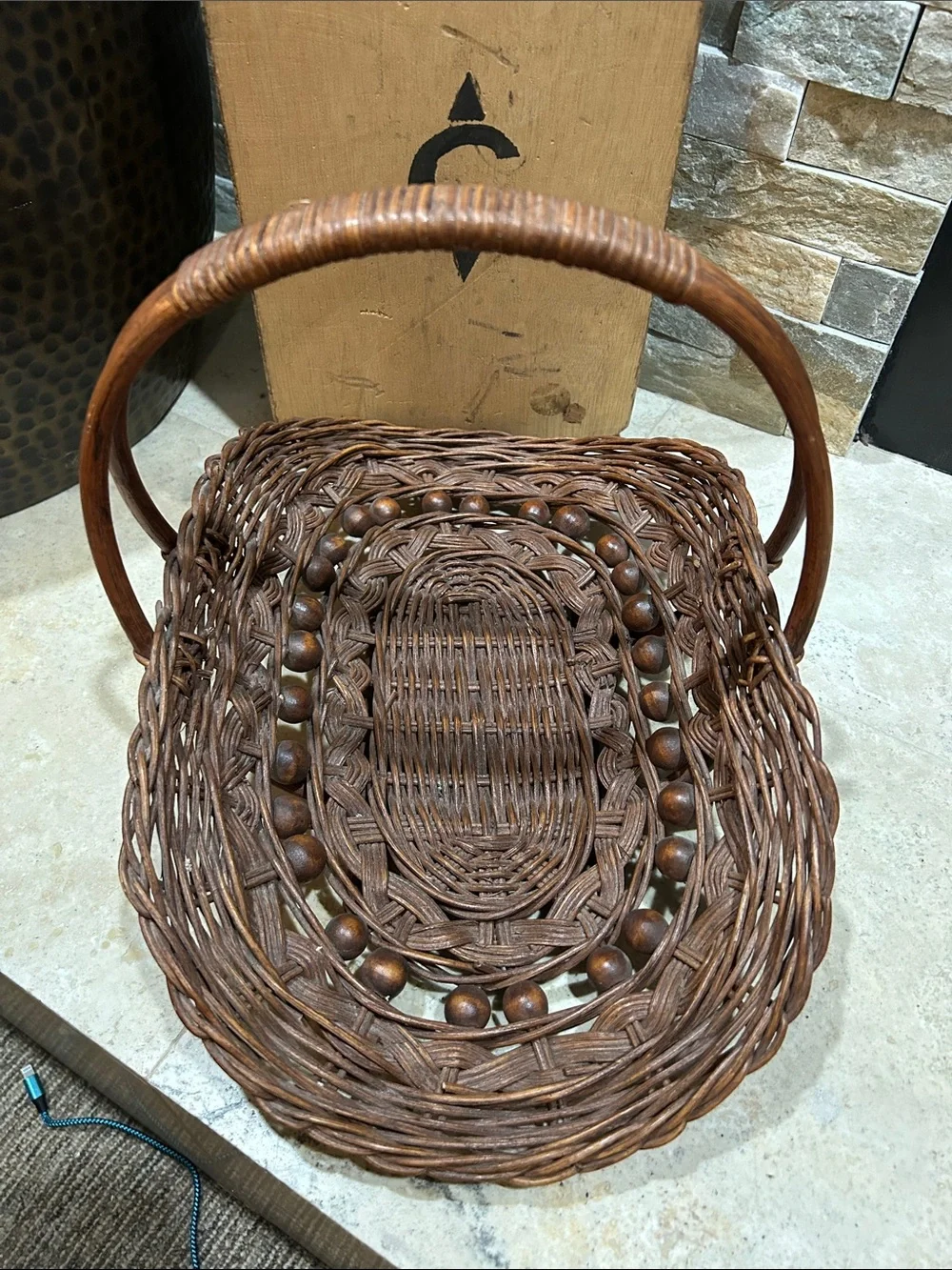 SOLD- vintage wicker rattan foraging flower trug basket decorated w/ wooden bead